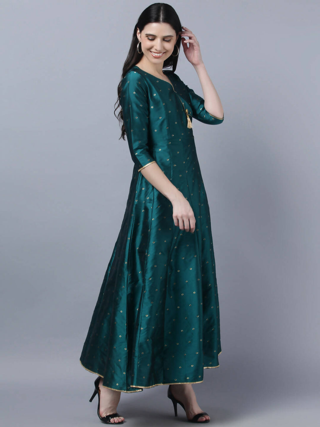 Myshka Green Red Ethnic Motifs Ethnic Anarkali Dress With Dupatta