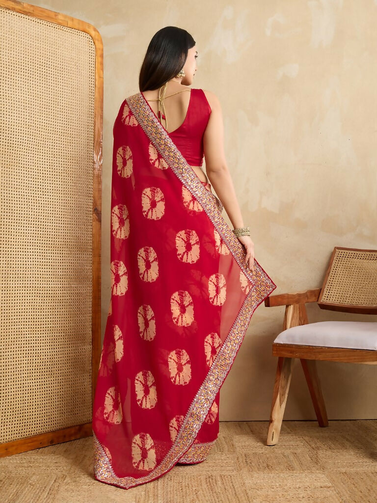 Red Georgette Printed Designer, Embroidery Work Lace Border Saree - Aarvi