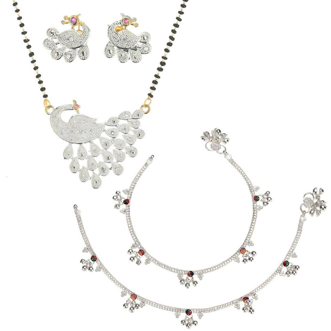 AanyaCentric Gold-Polished Mangalsutra Pendant Earring Set & Silver Plated Anklet