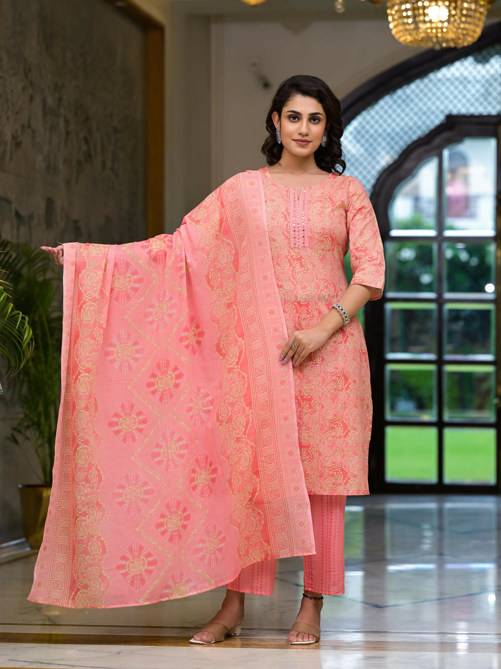 Juniper Women's Pink Ethnic Motif Printed Cotton Kurta Pant And Dupatta Set With Mirror Work & Sequins