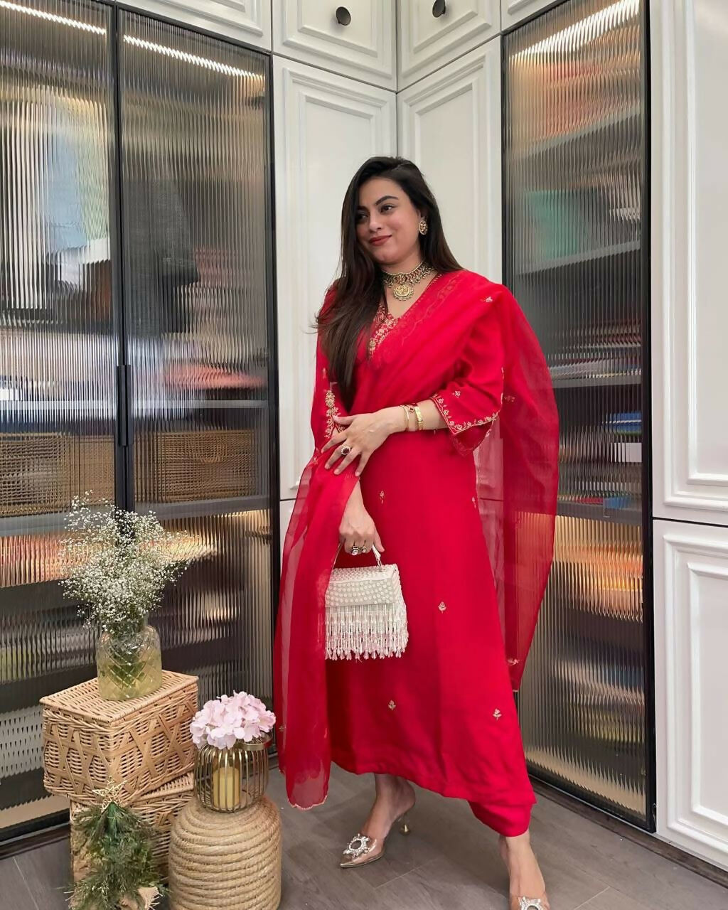 The52 Red Beautiful Embroidered Rayon Fabric Straight Kurta Pant with Dupatta Set