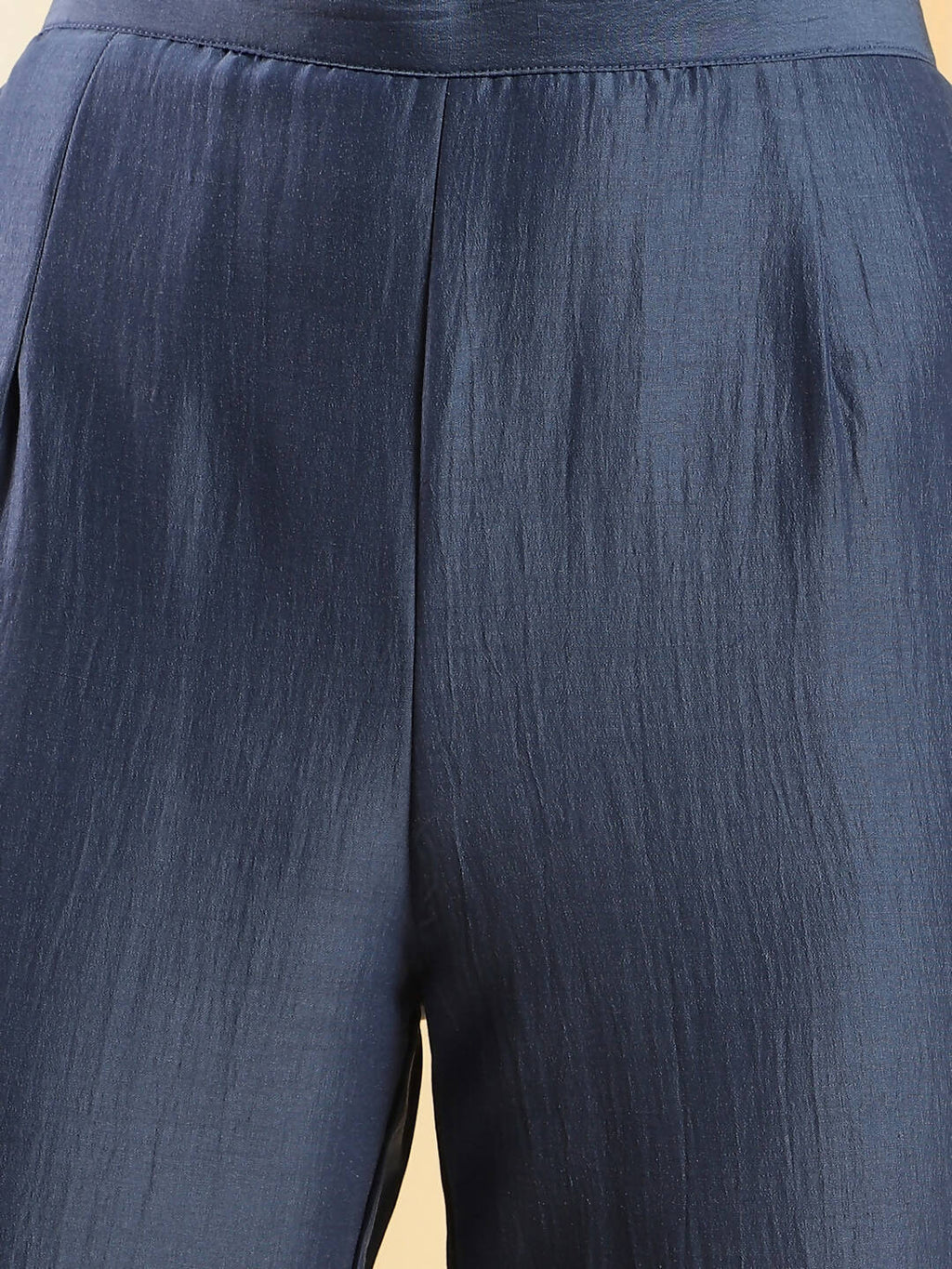 Navy Blue Chinon Embroidered Straight Kurta with Trouser & Dupatta - Salimar