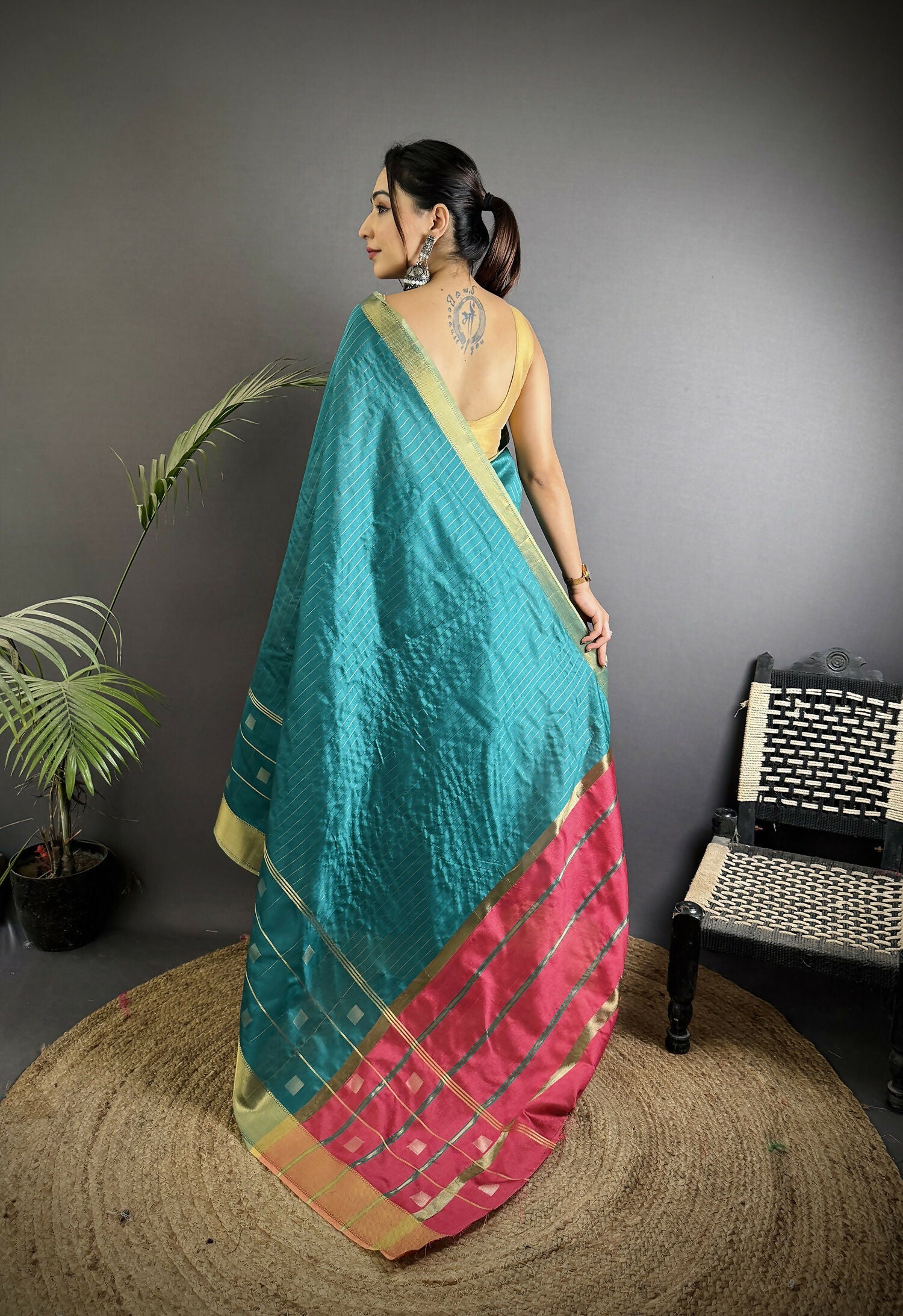 Joban Fashion Sea Green Bhagalpuri Cotton Silk Stripes/Box Saree