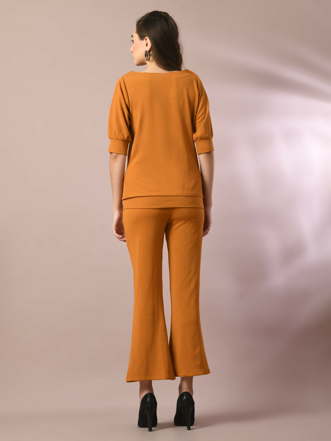 Myshka Women's Mustard Solid Boat Neck Party Top With Trousers Co-ord set