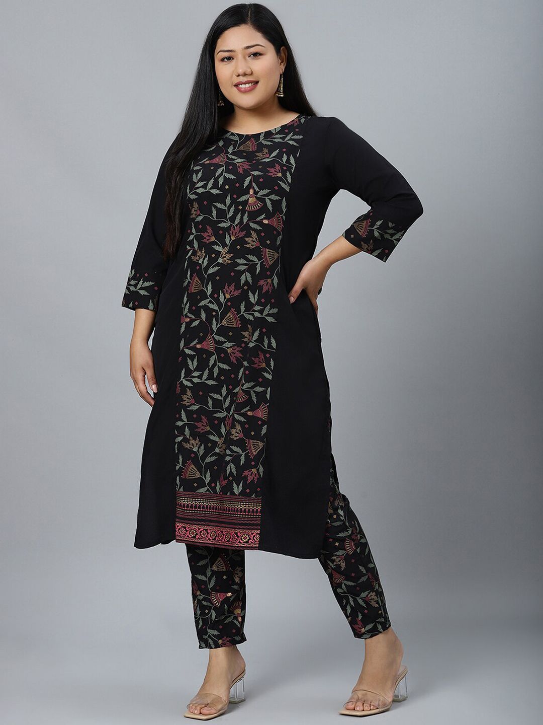 Sztori Plus Size Floral Printed Straight Kurta With Trouser