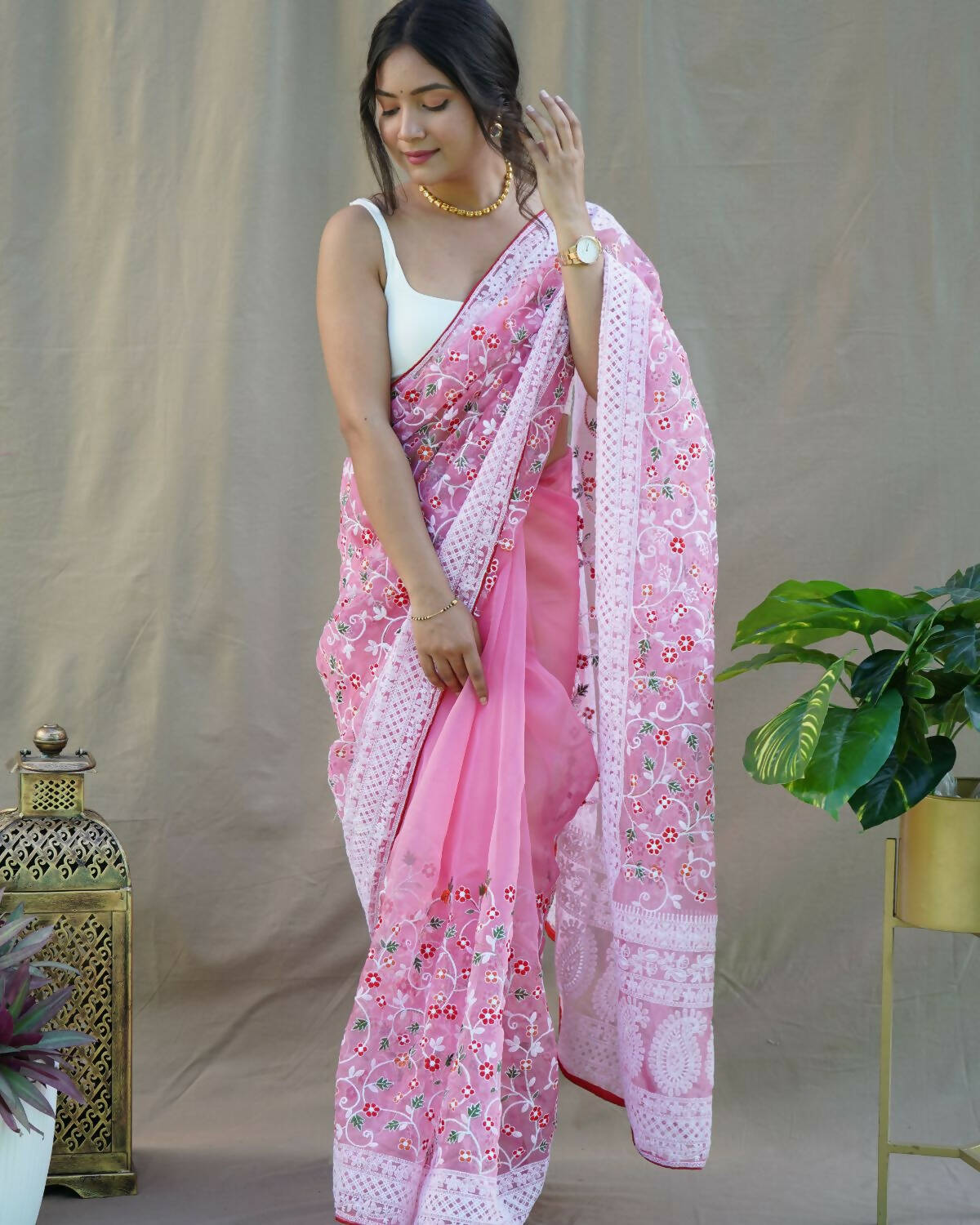 Vamsee Pink Organza Saree