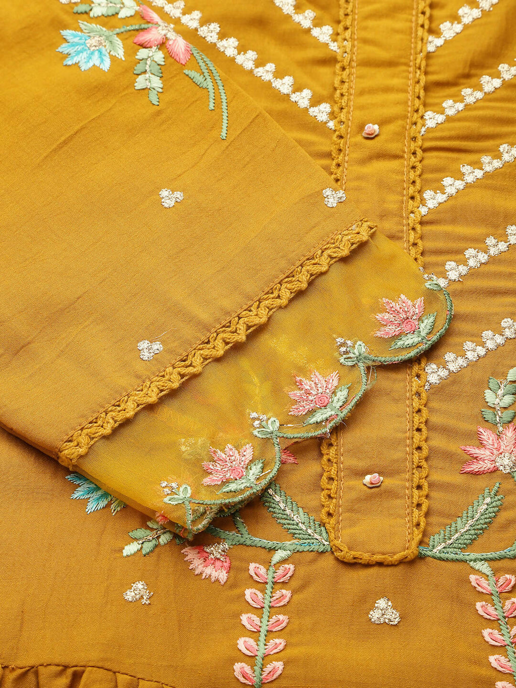 Mustard Embroidered Chinon Straight Kurta With Trouser & Dupatta - Salimar