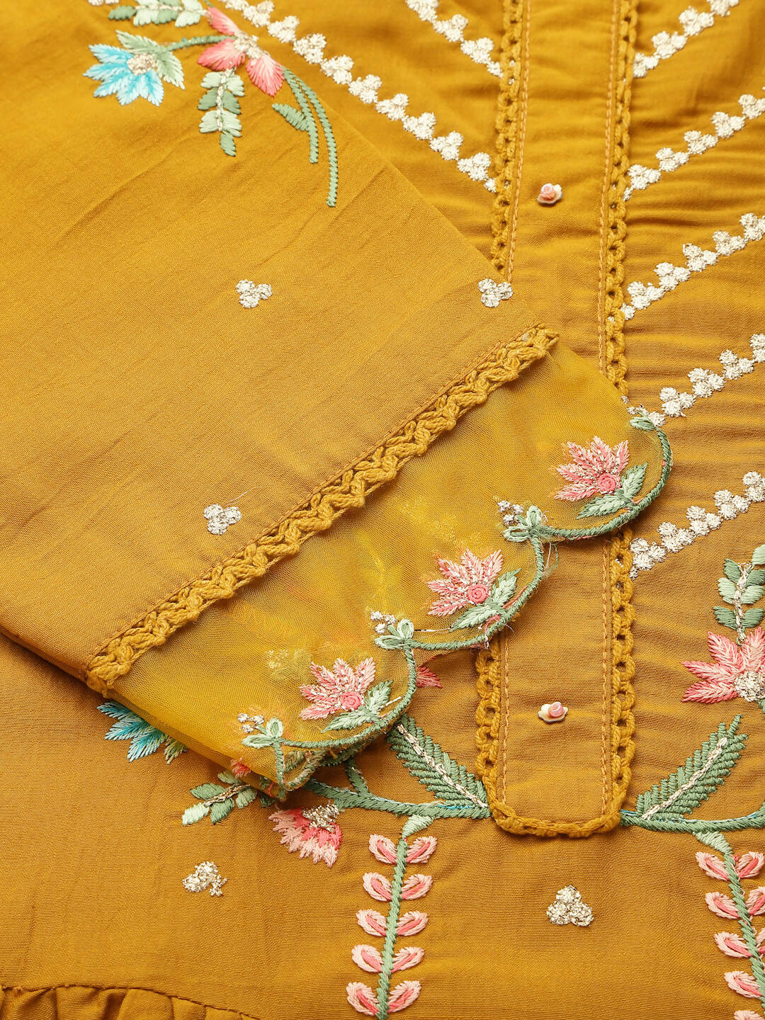 Mustard Embroidered Chinon Straight Kurta With Trouser & Dupatta - Salimar