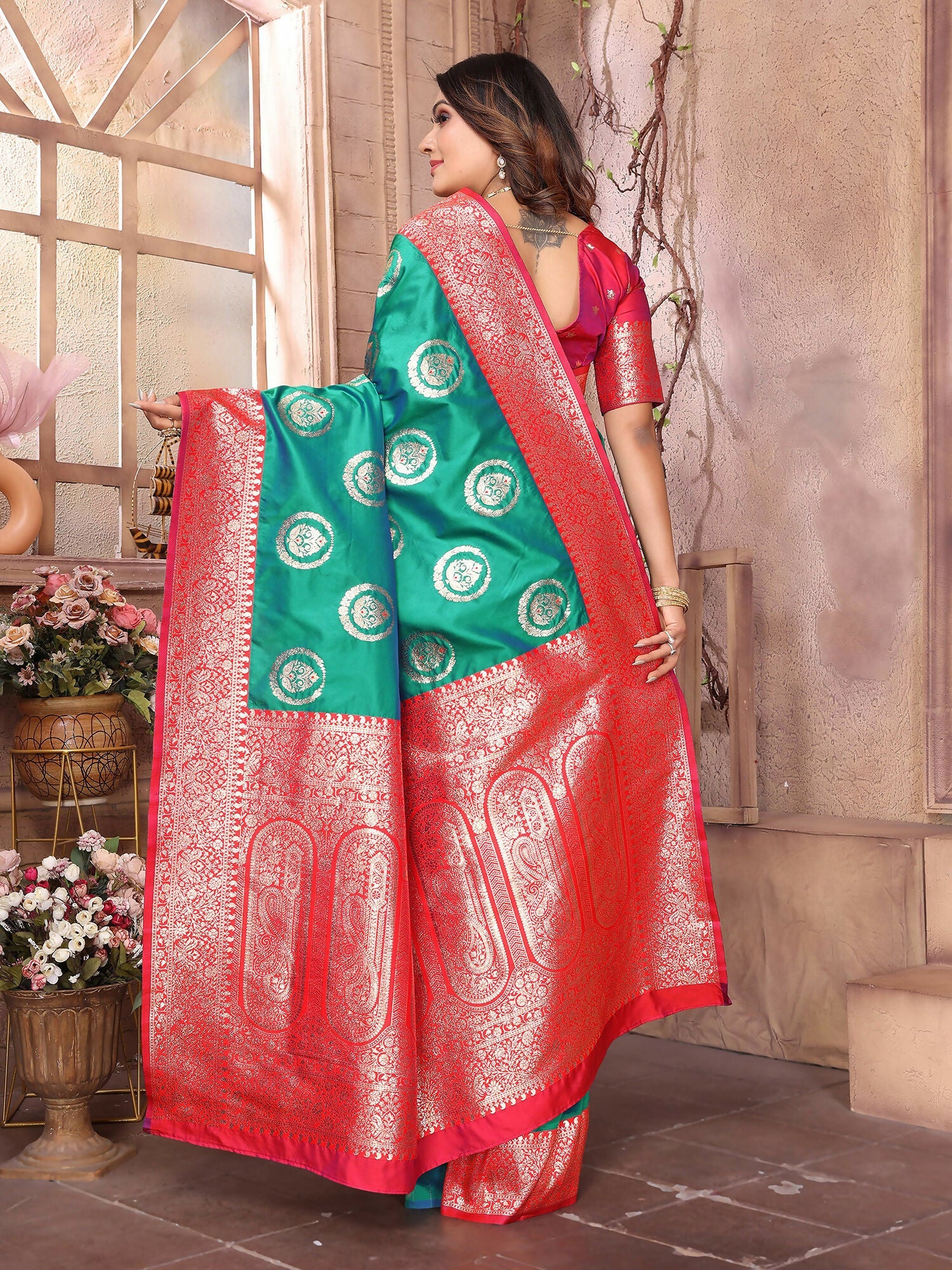 Joban Fashion Green Banarasi Soft Silk Woven Saree