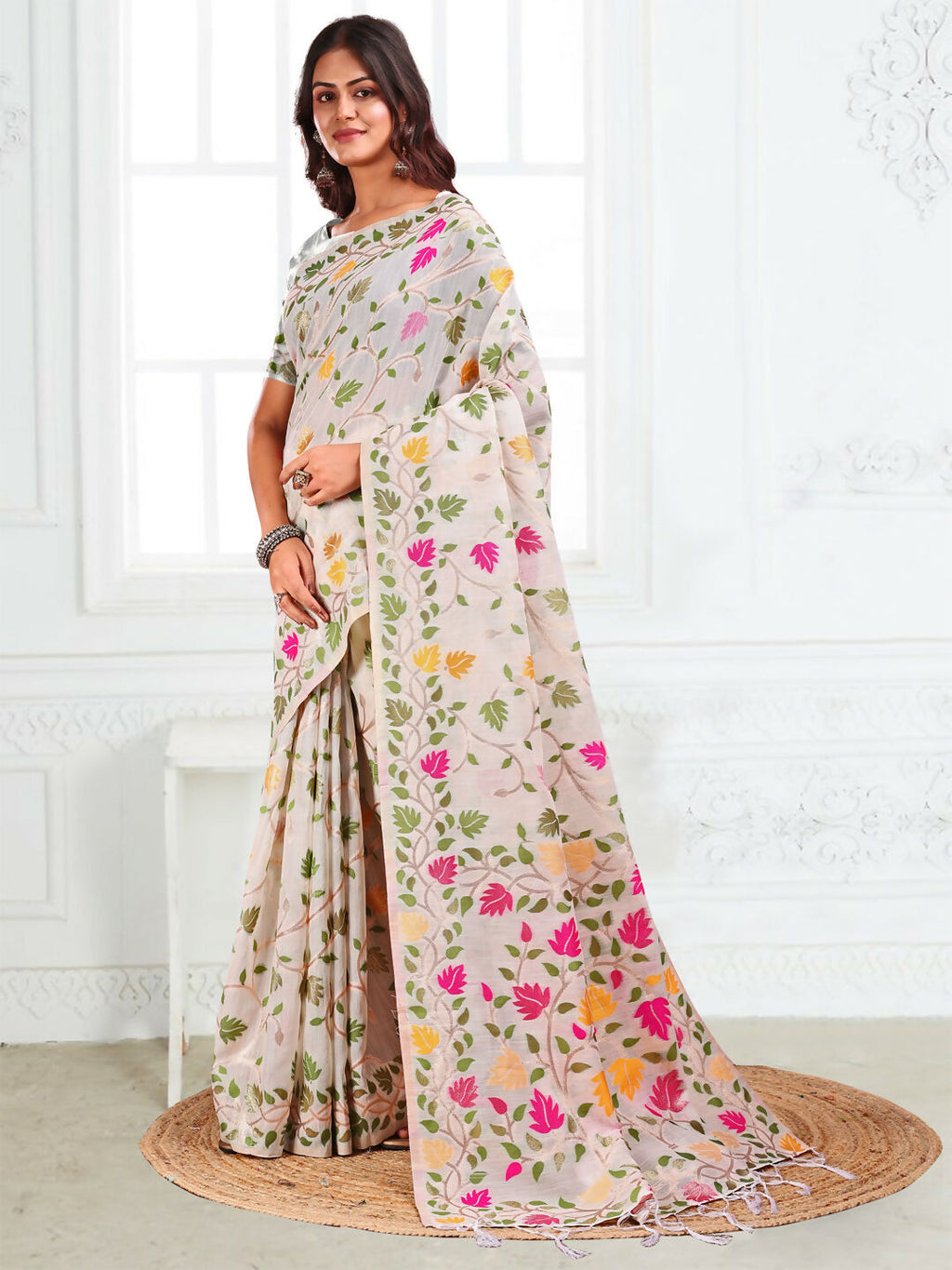 Shree Shyam Fashion Linen Cotton White Saree