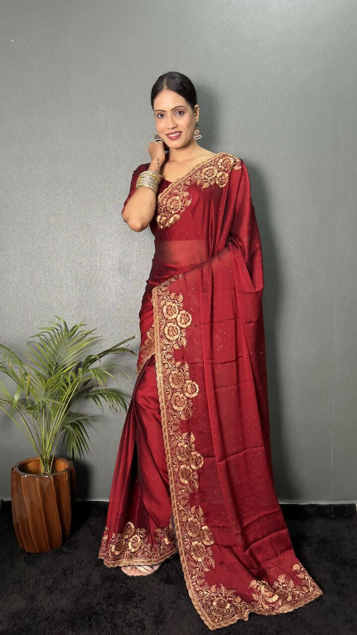 Vastranavya Maroon Rangoli Silk Zari work with DMC Swarovski work Ready to Wear Saree