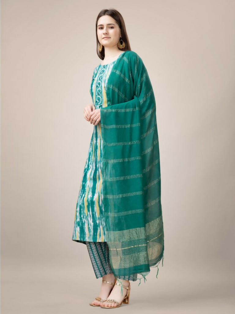 Jyoti Fashion Women's Teal Rayon Print with Embroidery & Fancy Lace Work Kurta with Trouser & Dupatta
