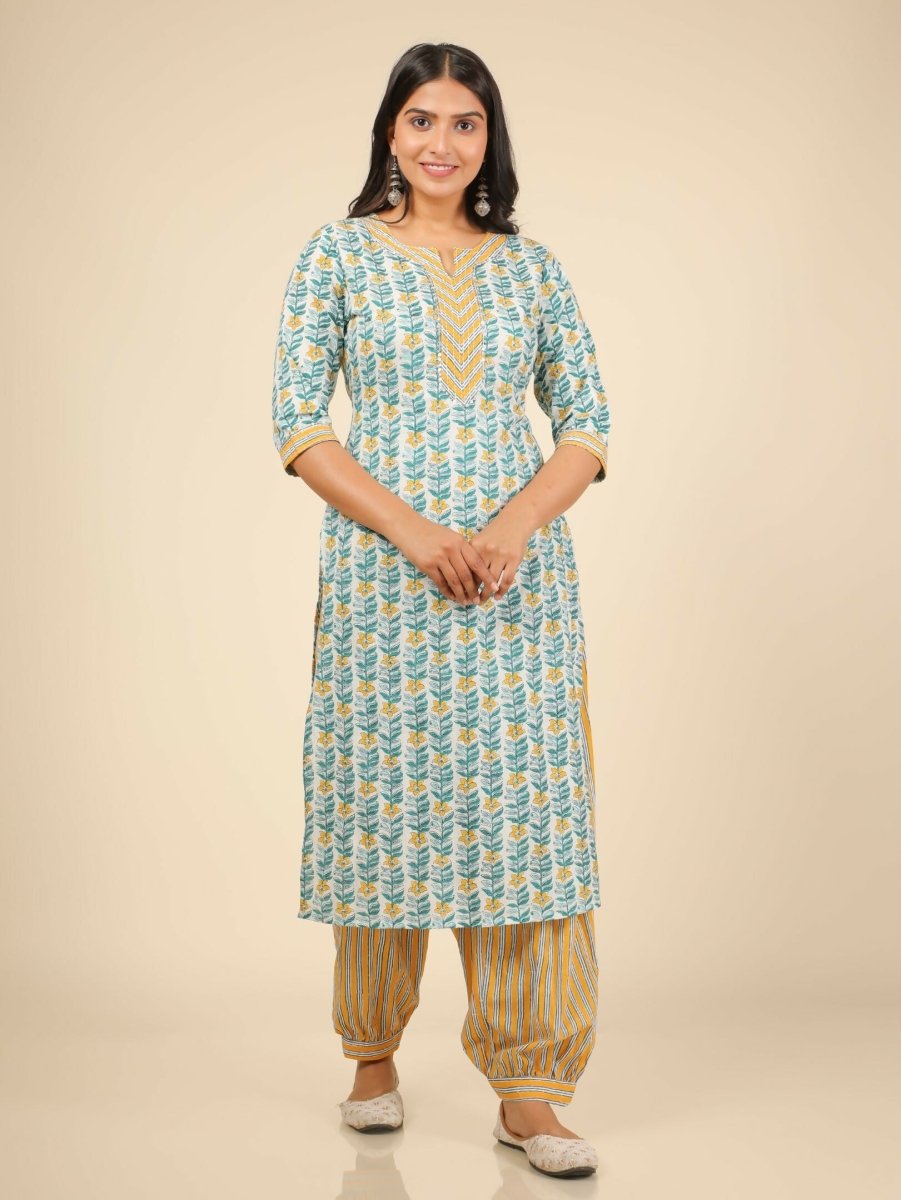 Aramya White Soft Cotton Floral Print Straight Kurta Set for Women