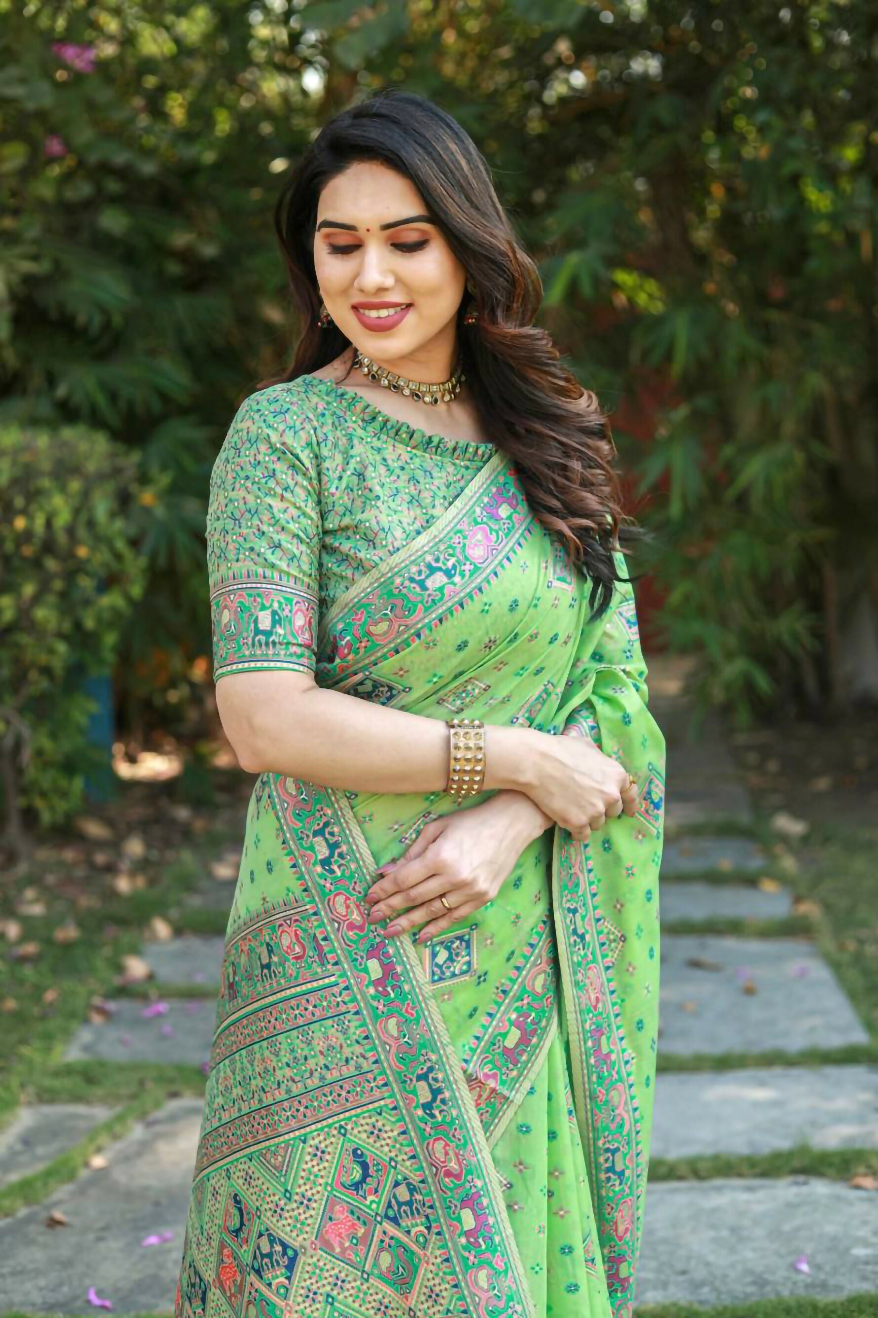 Vastranavya Luxury and Beautiful Soft, Smooth, Flowing Original Pashmina Soft Cotton Saree with Matching Blouse Fabric - Pista