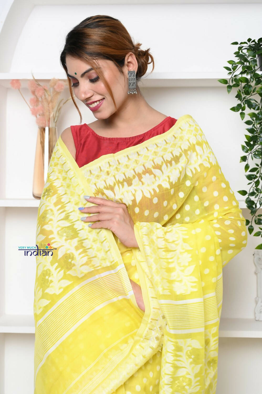 Very Much Indian Jamdhani Cotton Saree With Polka Dot Pallu - Lime Yellow