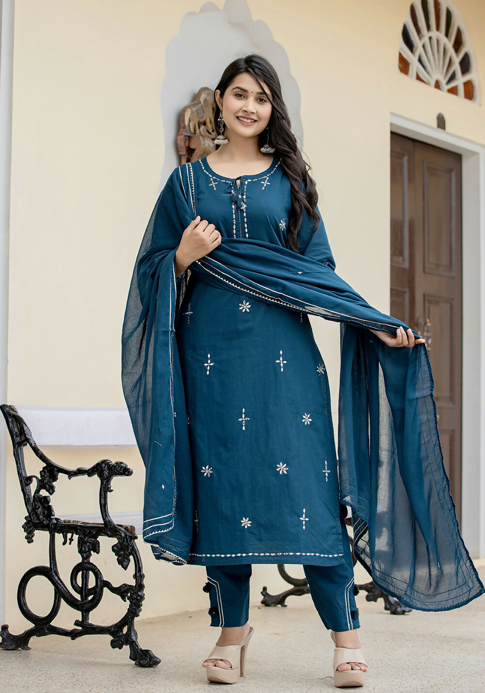 Kaajh Women's Navy Blue Mirror Embellished Cotton Suit Set