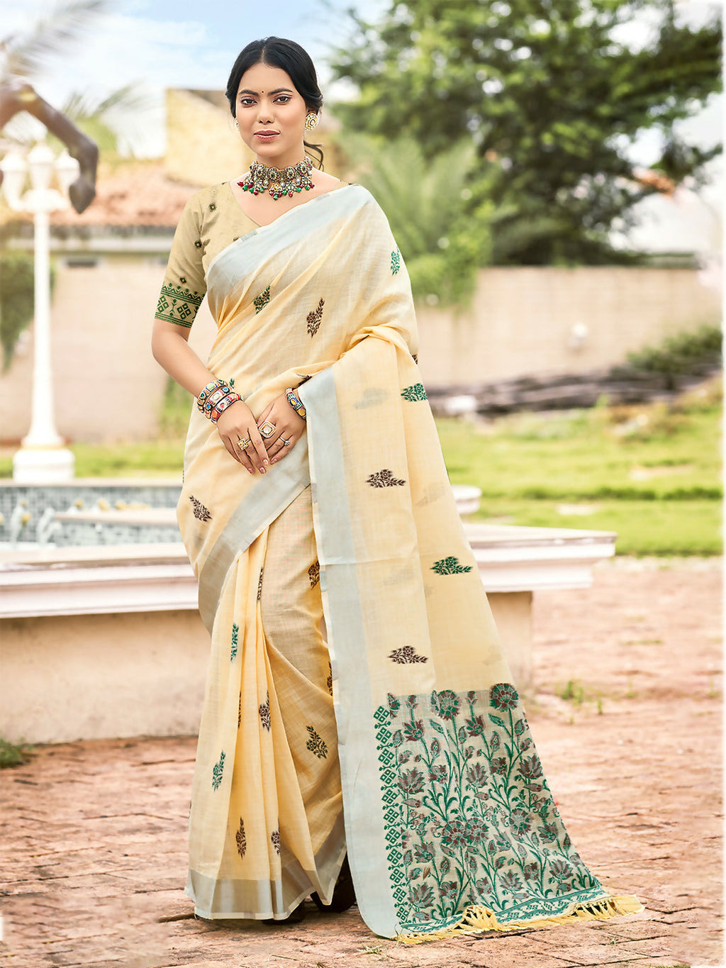 Sangam Prints Beige Linen Woven Work Traditional Saree