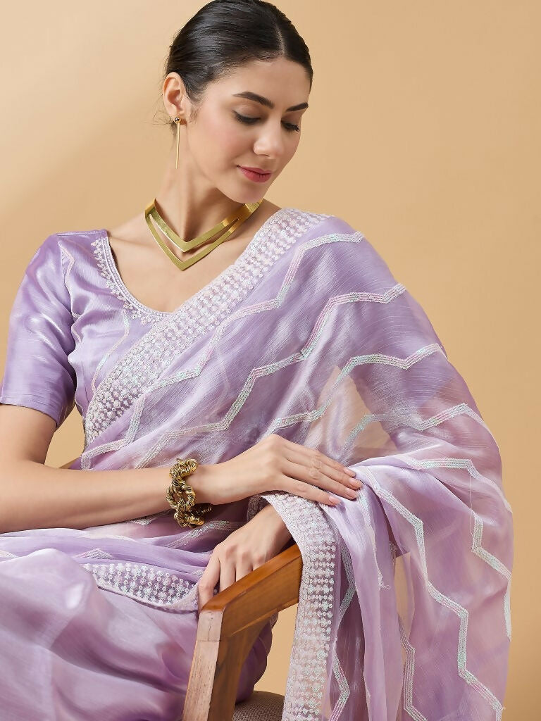 Purple Tissue Slub Embroidered Saree with Unstitched Blouse - Vairagi