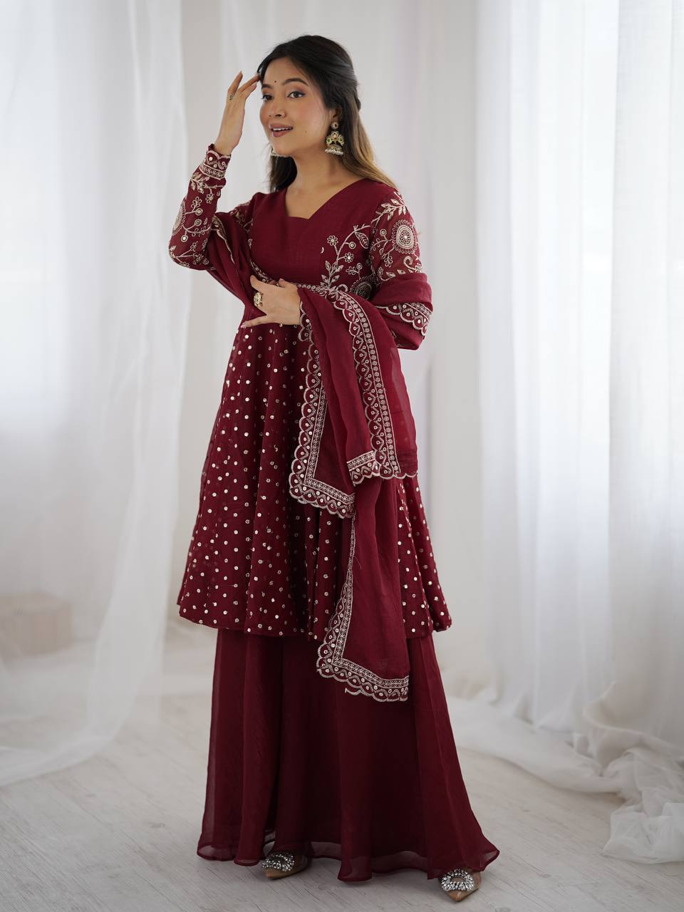 Prazu Fashion Maroon Crunchy Silk Embroidered Designer Sharara Suit