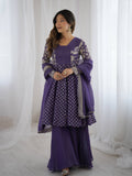 Prazu Fashion Violet Blue Crunchy Silk Embroidered Designer Sharara Suit