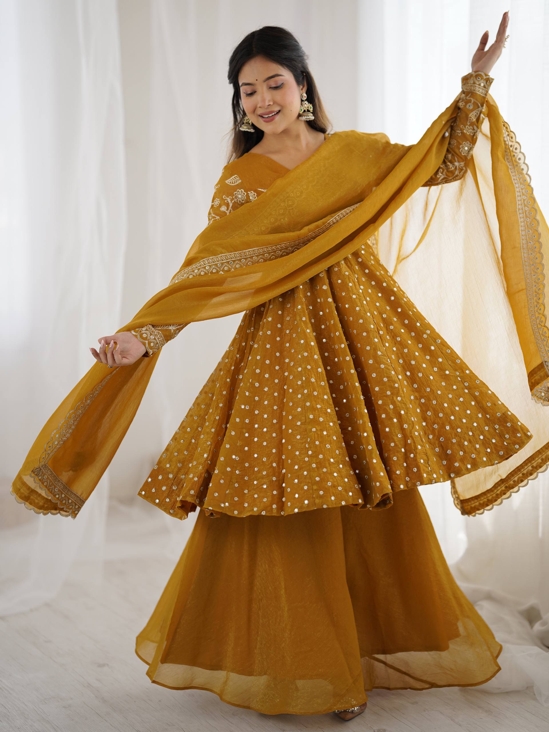 Prazu Fashion Yellow Crunchy Silk Embroidered Designer Sharara Suit