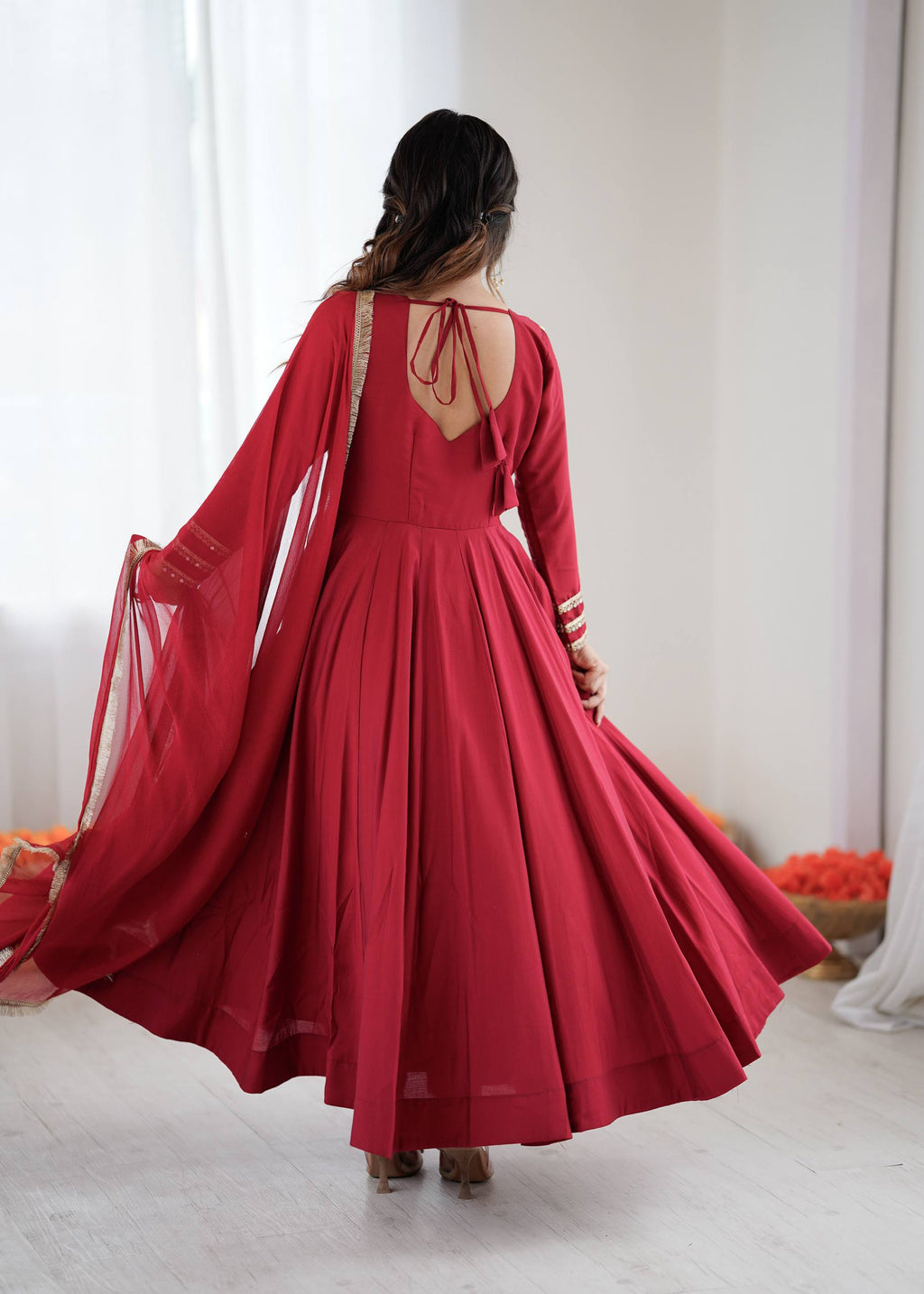 Prazu Fashion Red Roman Silk Coding Work Anarkali Suit