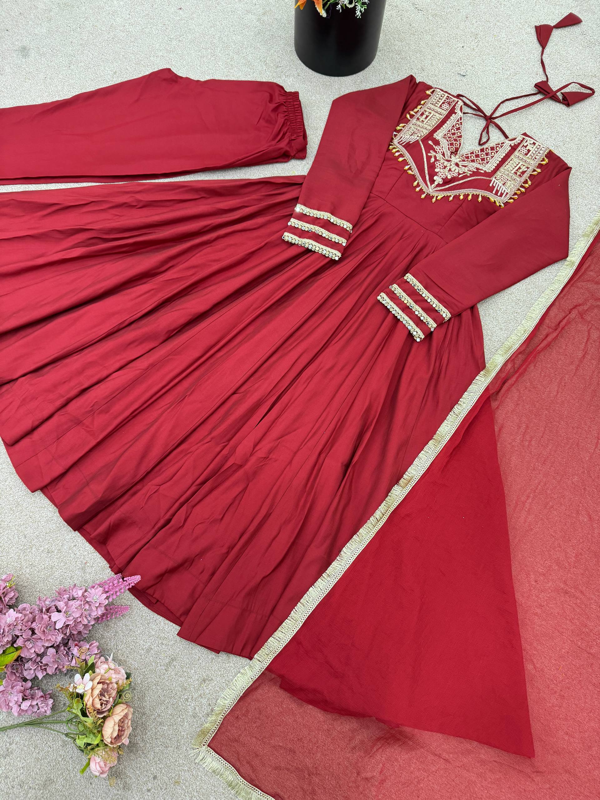 Prazu Fashion Red Roman Silk Coding Work Anarkali Suit