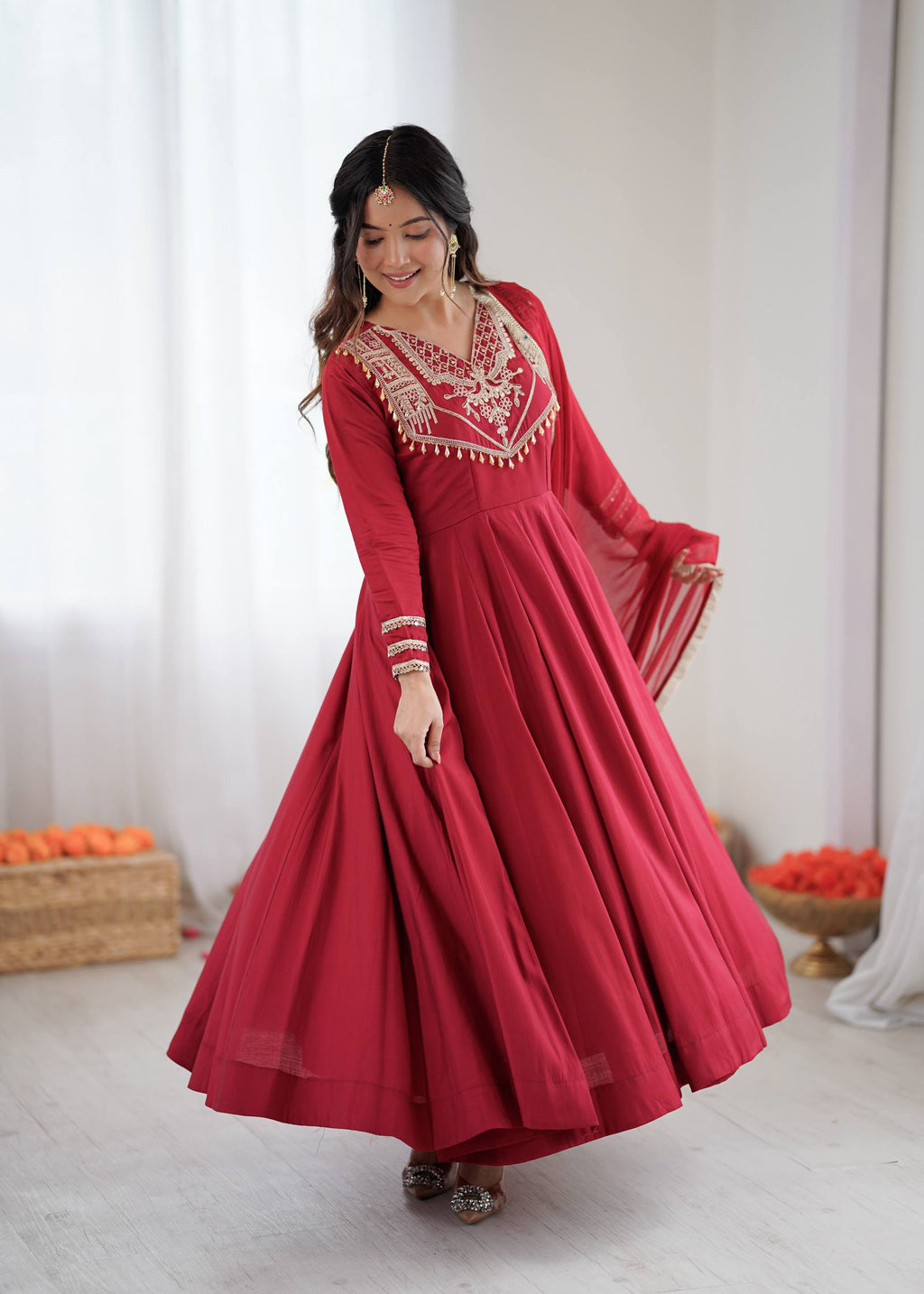 Prazu Fashion Red Roman Silk Coding Work Anarkali Suit