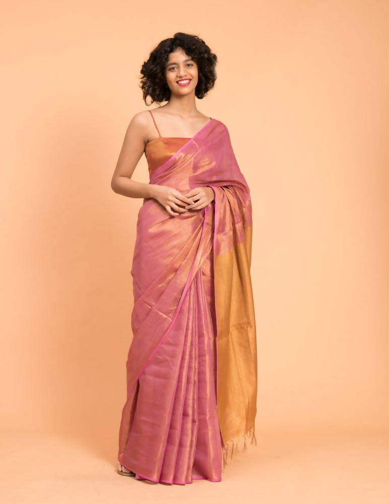 Suta Pink Golden Solid Woven Design Zari Saree