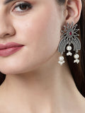 NVR Women's Floral Silver-Plated Artificial Stones and Beads Drop Earrings