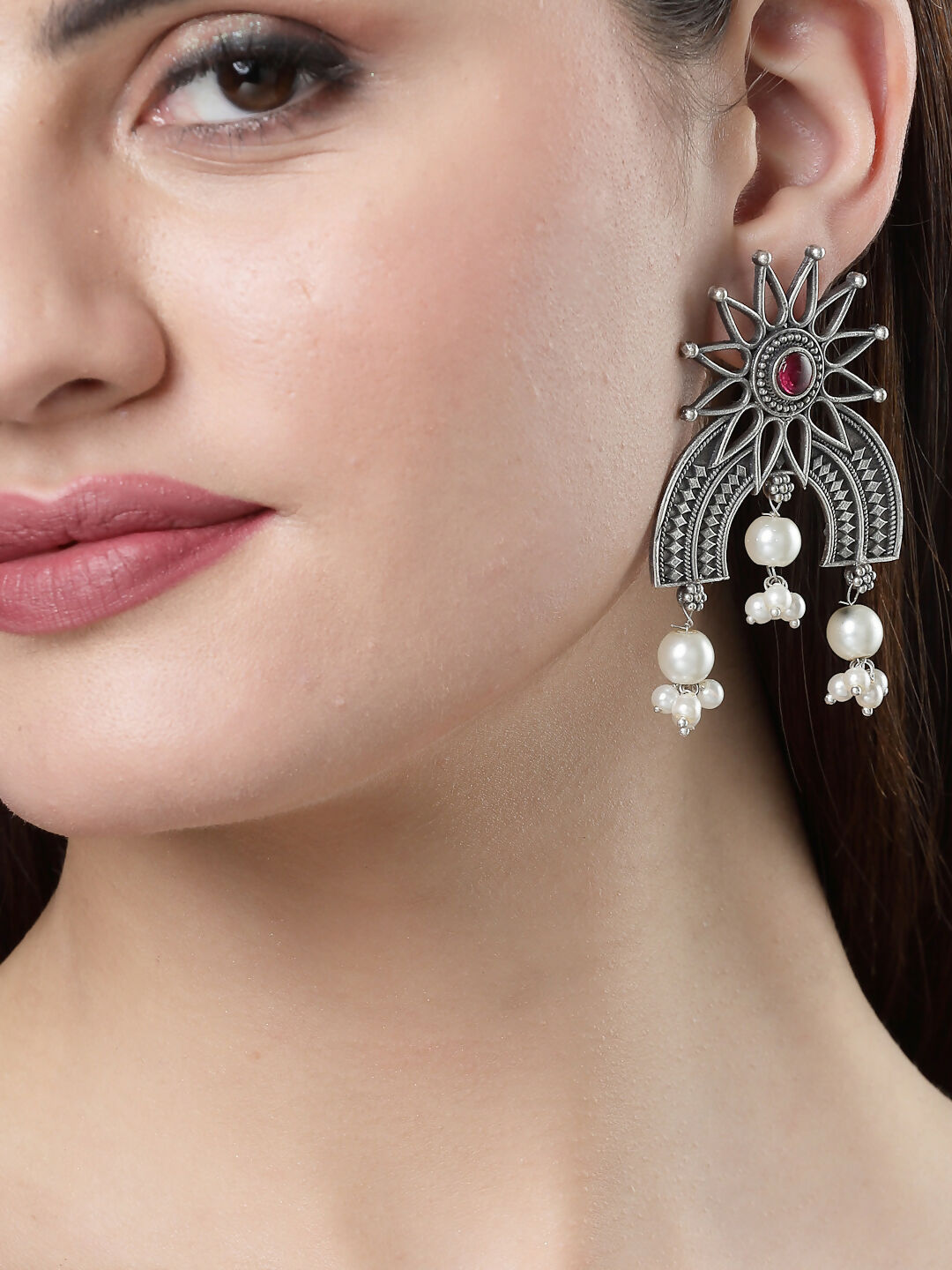 NVR Women's Floral Silver-Plated Artificial Stones and Beads Drop Earrings