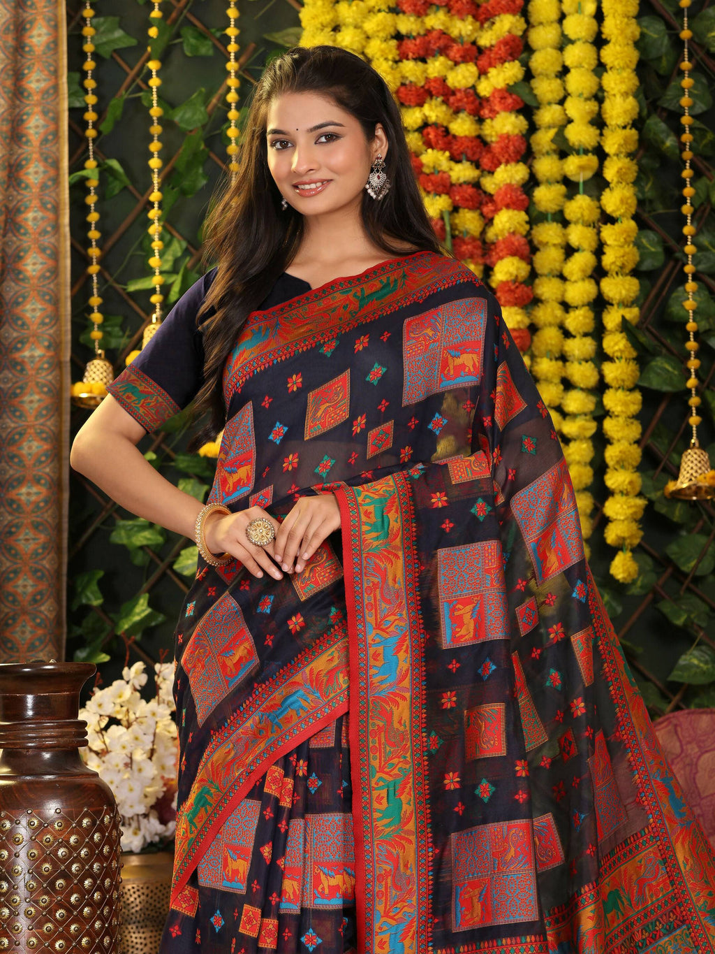 Shree Shyam Fashion Linen Cotton Navy Blue Saree