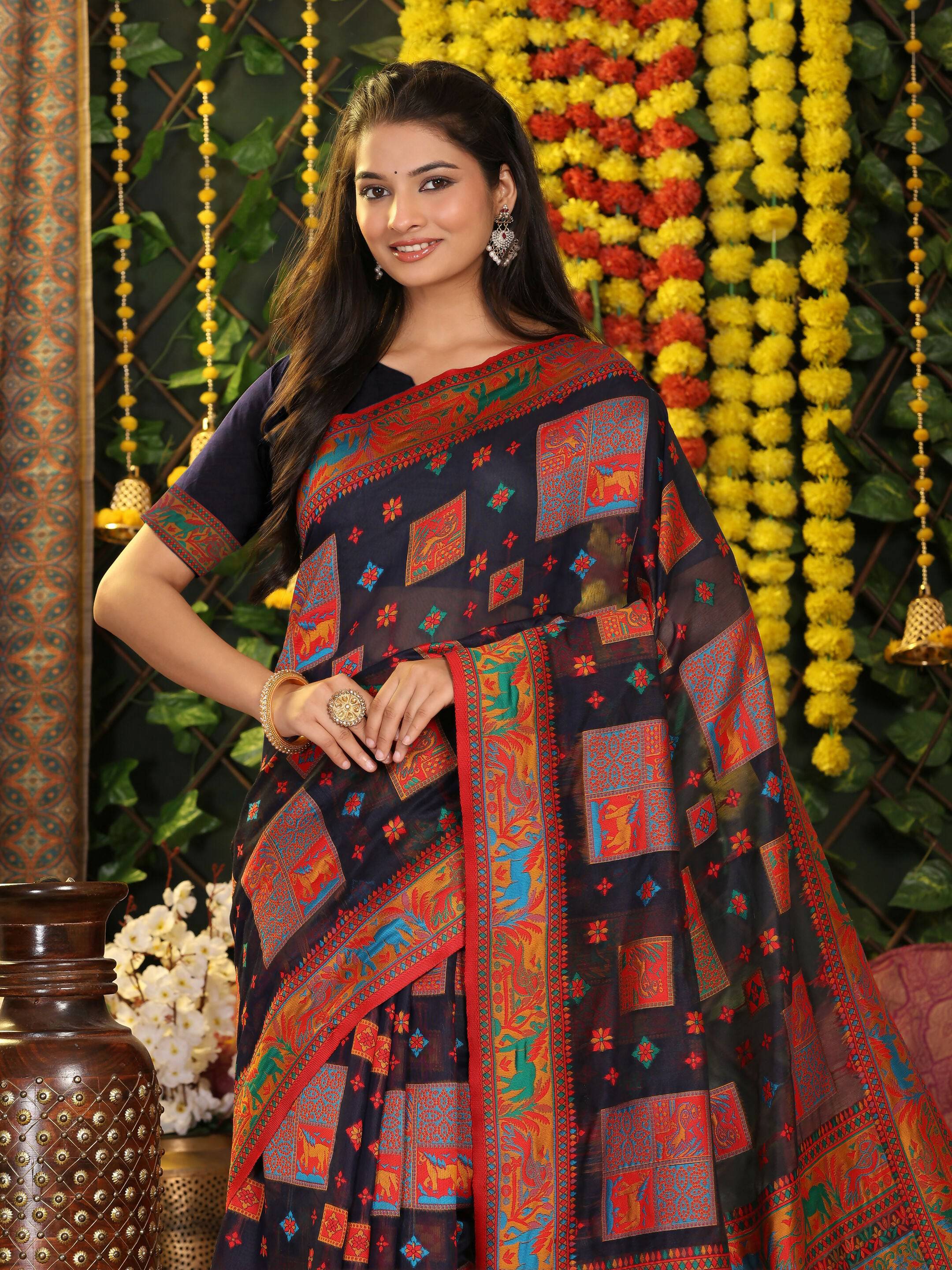 Shree Shyam Fashion Linen Cotton Navy Blue Saree
