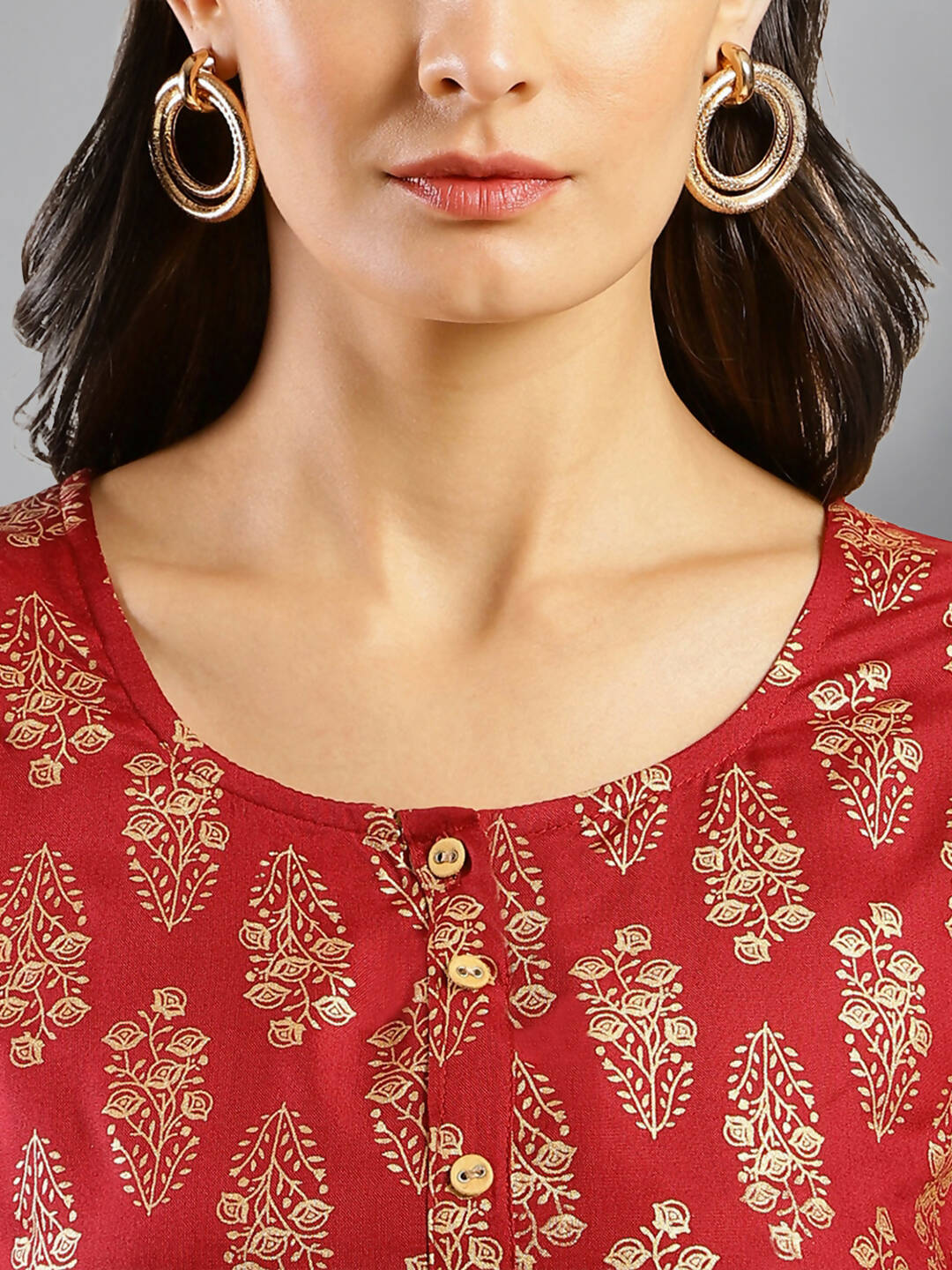 Red Cotton Ethnic Motifs Aline Dress - Poonam
