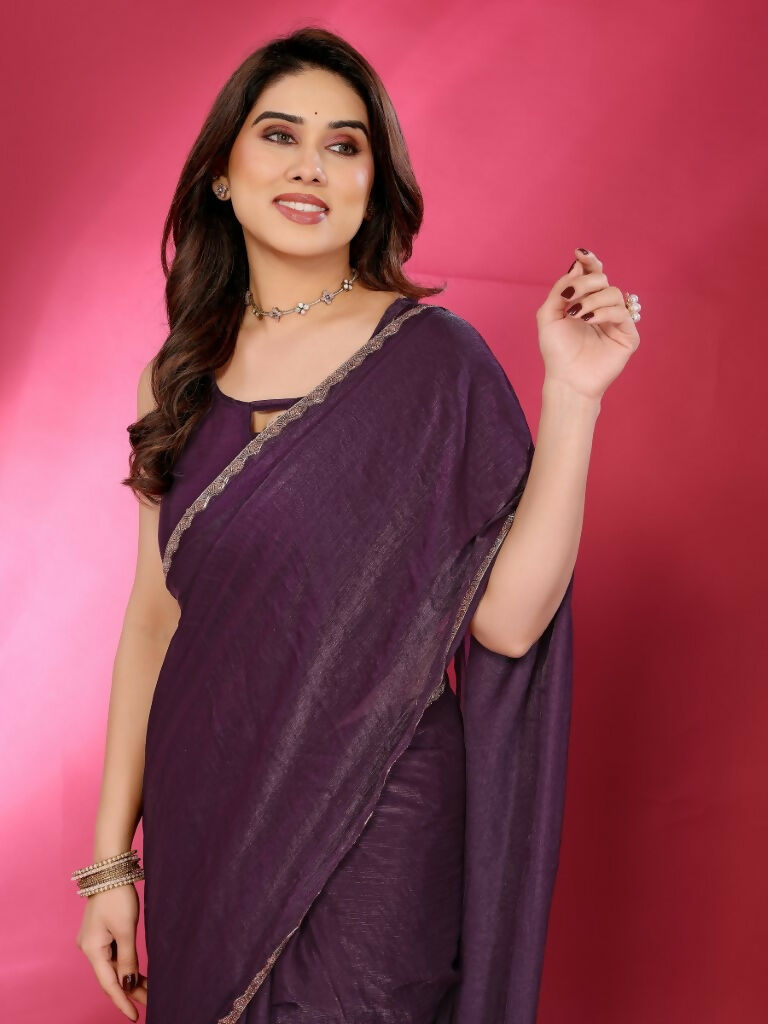 PR Fashion Wine Jimmy Choo Fabric Palin With Work Lace Saree