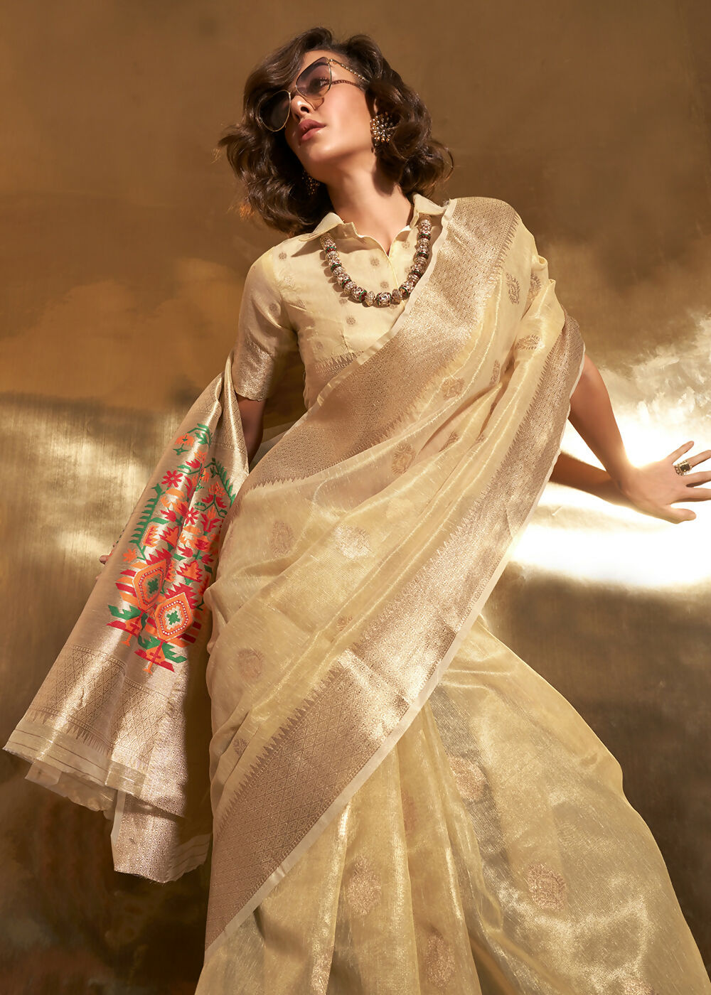 Golden Handwoven Tissue Fabric Festive & Party Style Saree - Emponline