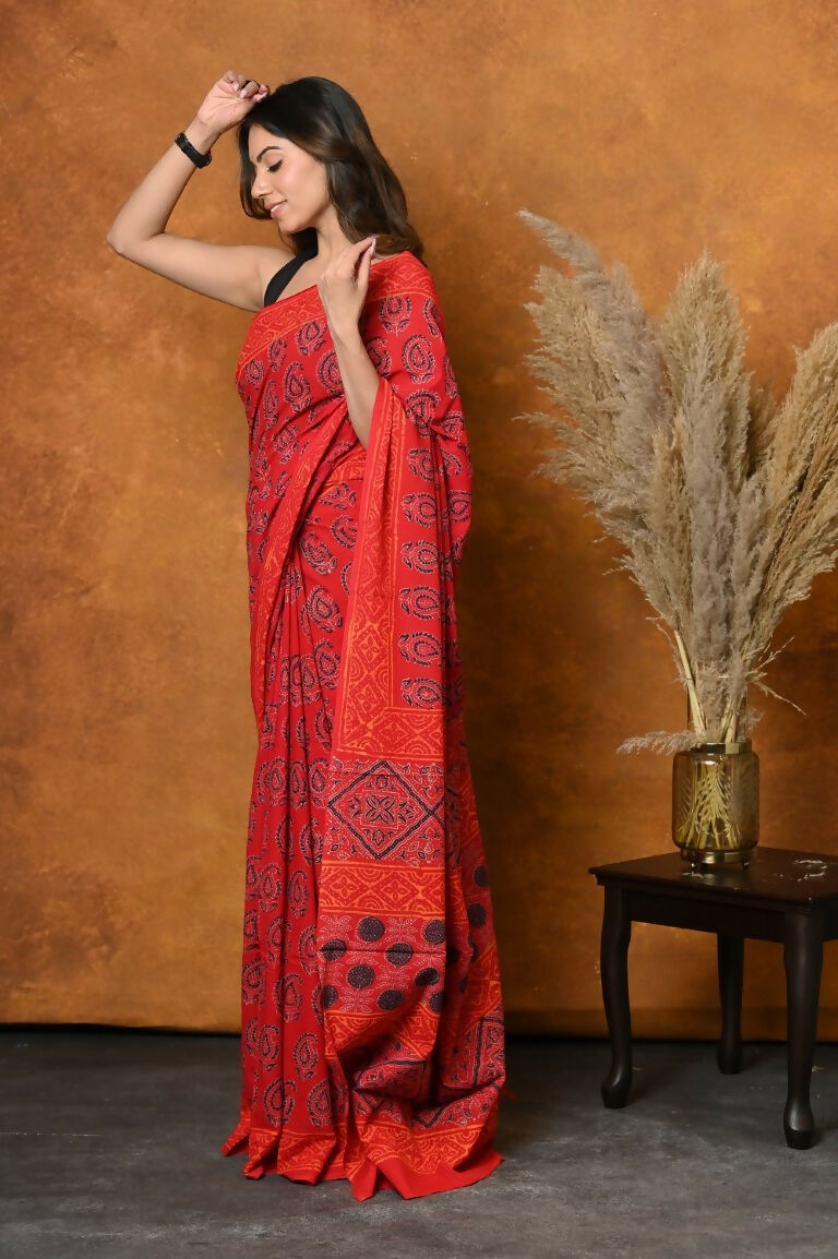 Very Much Indian Handblock Printed Cotton Saree With Natural Dyes - Red