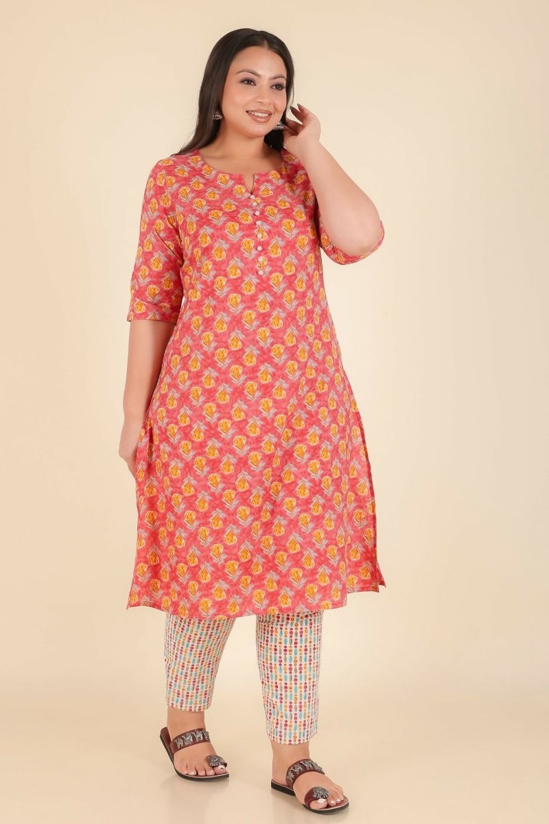 Aramya Peach Soft Cotton Floral Print A-line Kurta Set for Women