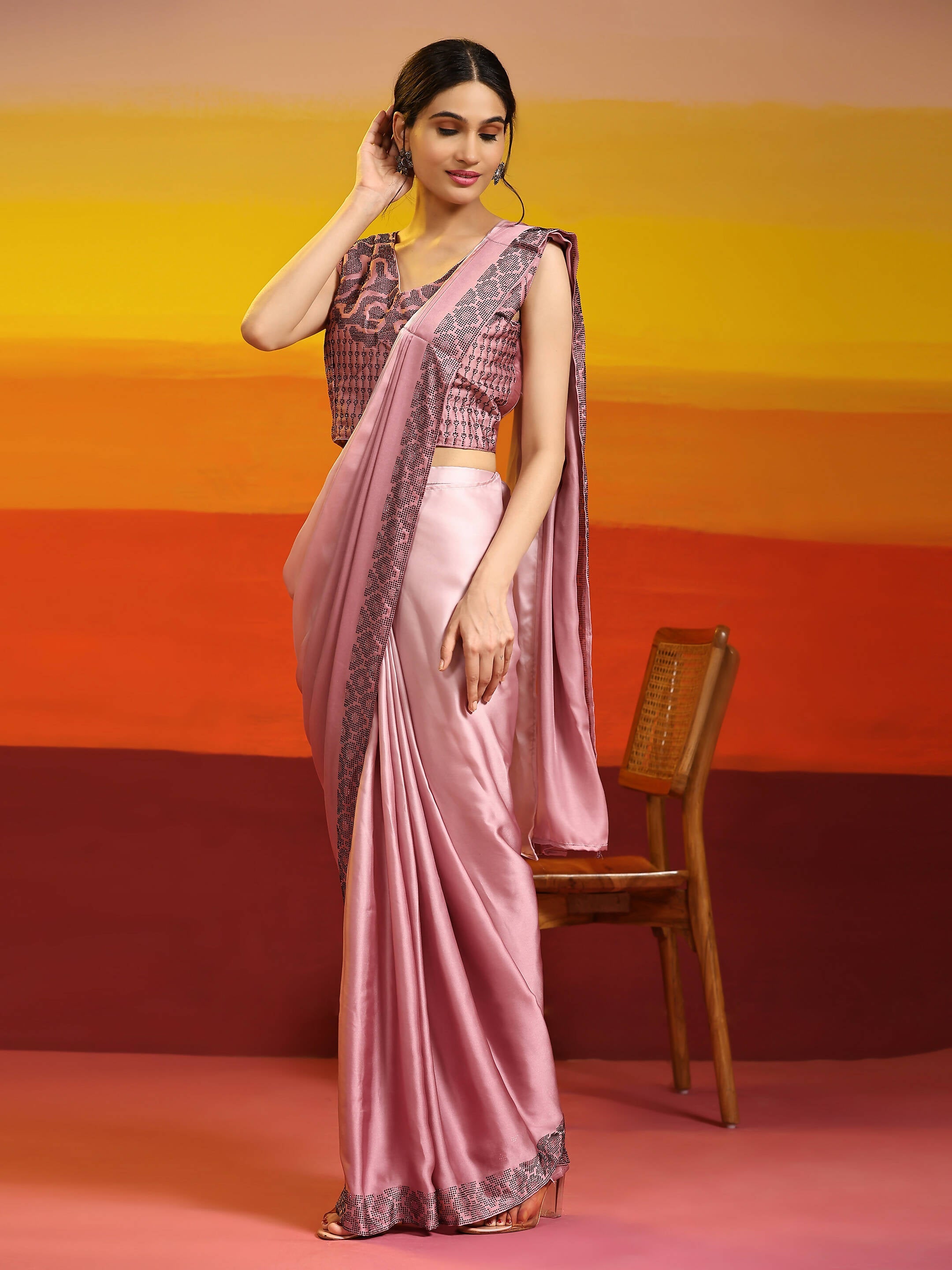 Purple Ombre Satin Georgette Plain Ready to wear Saree with stitched Blouse - Vrinda