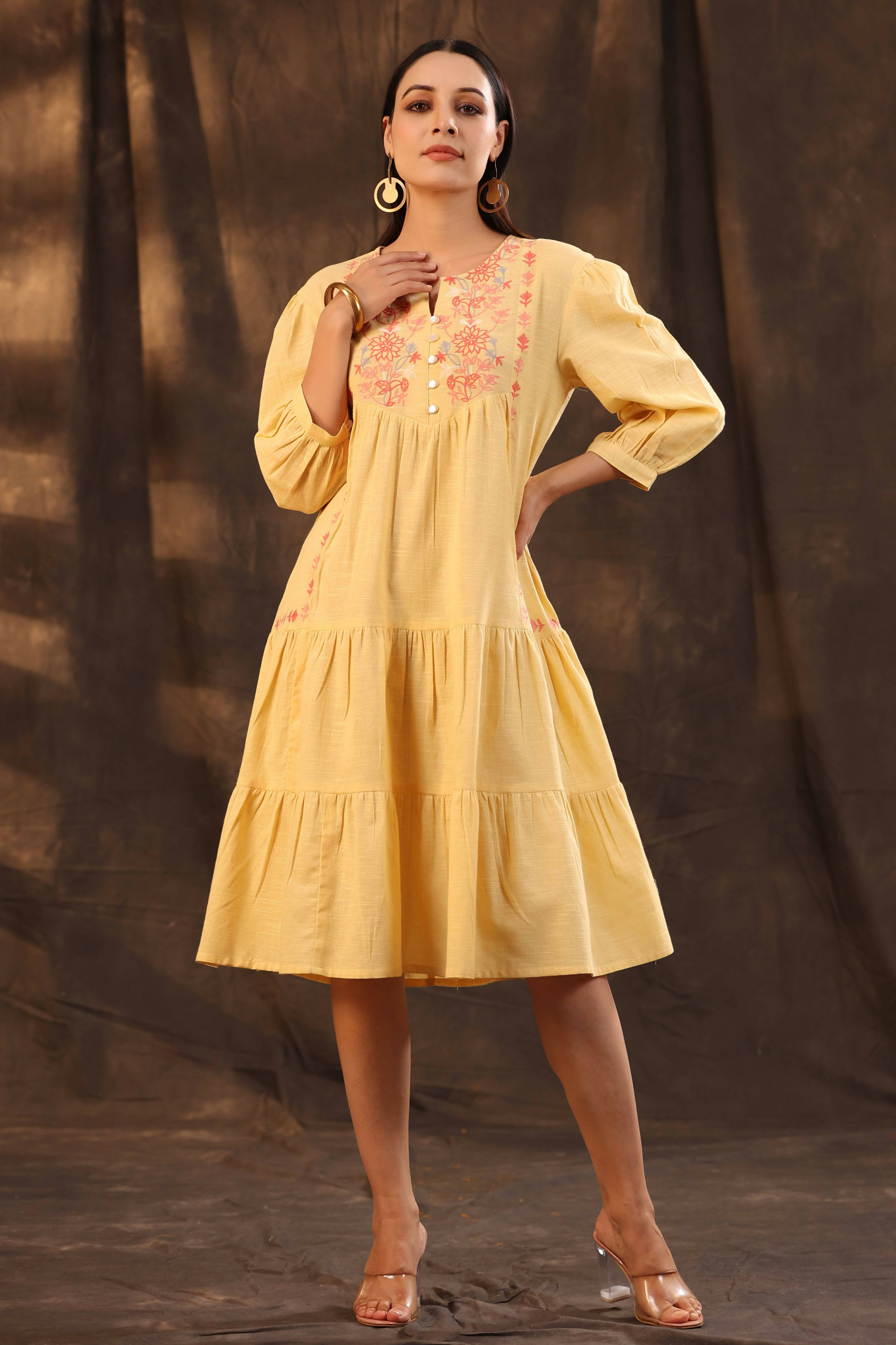 Juniper Women's Yellow Cotton Slub Solid Embroidered Tiered Dress