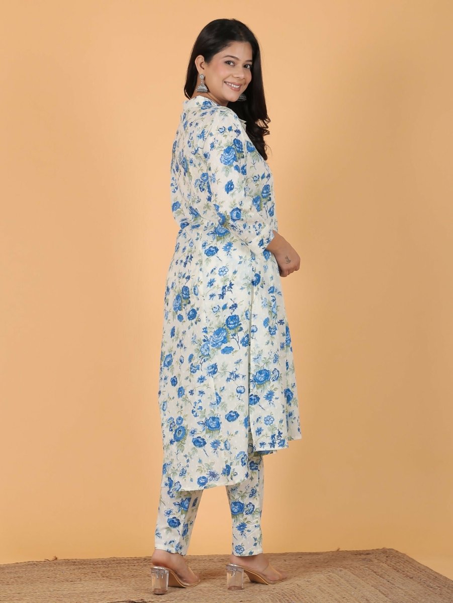 Aramya White Textured Cotton Floral Print High Low Kurta Set for Women