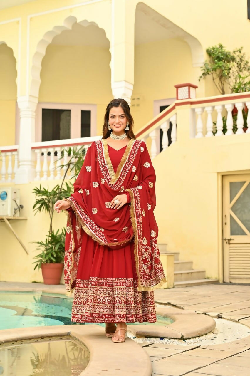 Teeya Creation Red Color Faux Georgette Wedding Wear Embroidery Work Long Gown