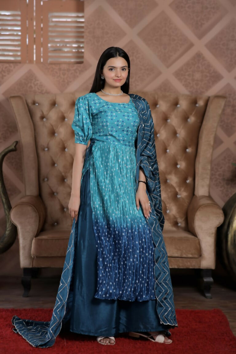 Jyoti Fashion Women's Blue Muslin Floral Print with Crush Pleating Kurta with Trouser & Dupatta