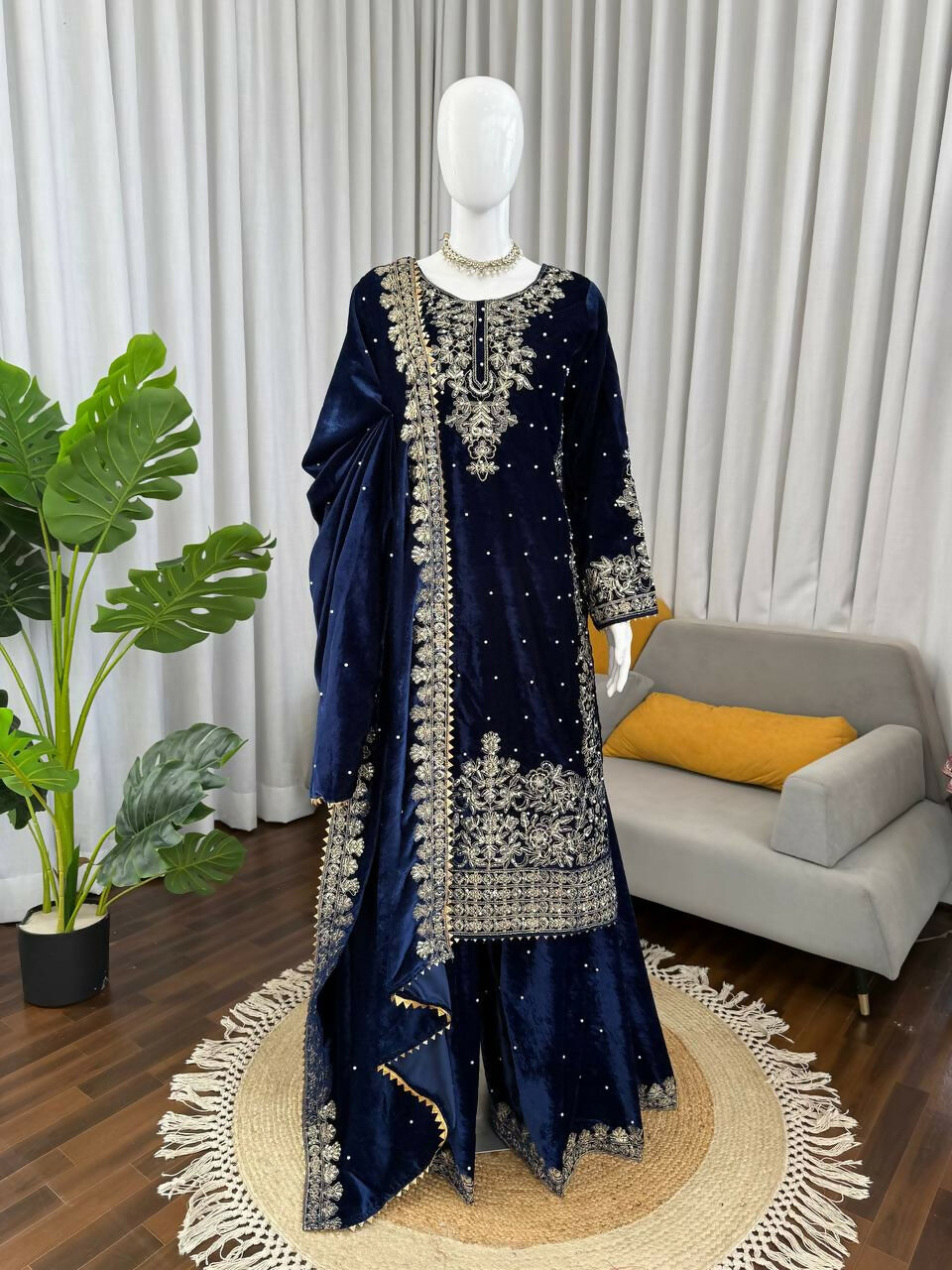 Vastranavya Blue Viscose Velvet Cording Sequence With Moti Work Top-Bottom With Dupatta