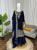 Vastranavya Blue Viscose Velvet Cording Sequence With Moti Work Top-Bottom With Dupatta