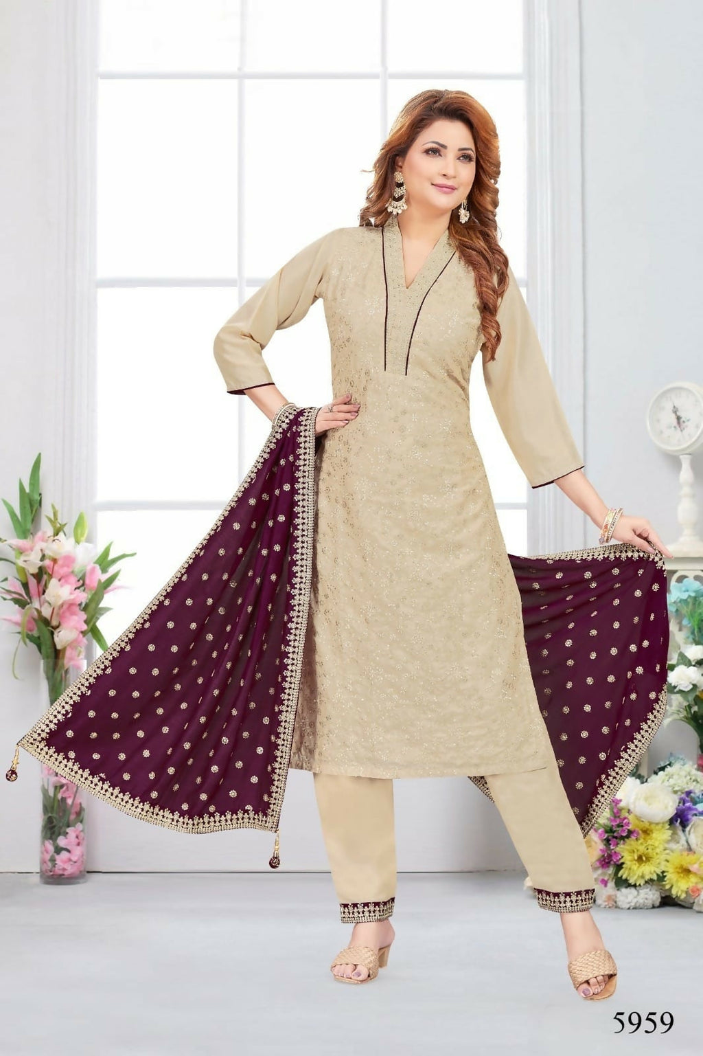 Joban Fashion Chinon Silk Beige Color Kurta Set