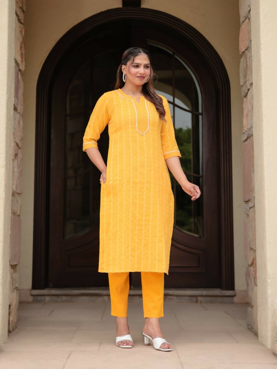 Aramya Straight Kantha Cotton Woven Design Print Women's Kurta - Yellow
