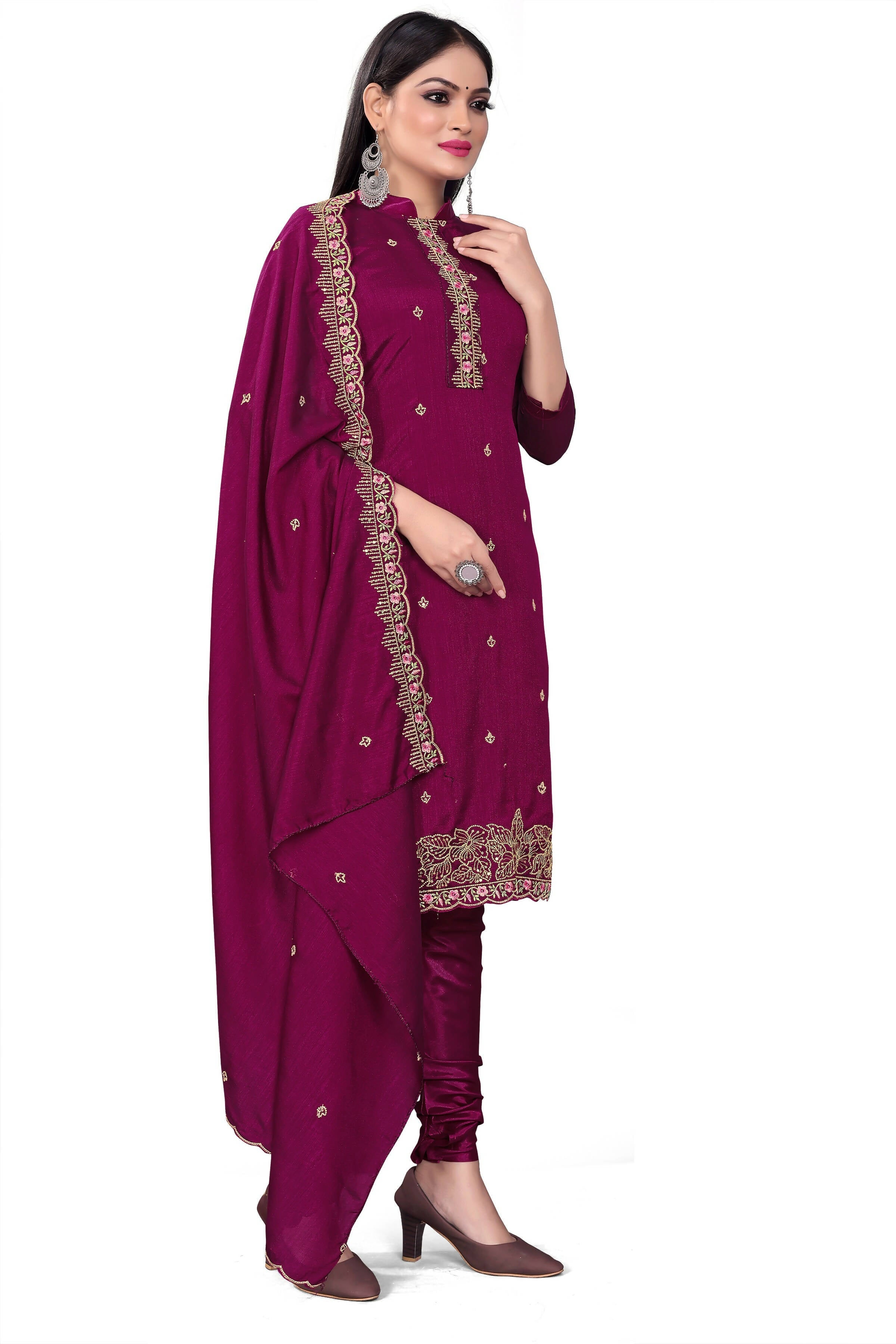 Purple Silk Embroidered with Sequins work Unstitched Dress Material - Tanvi