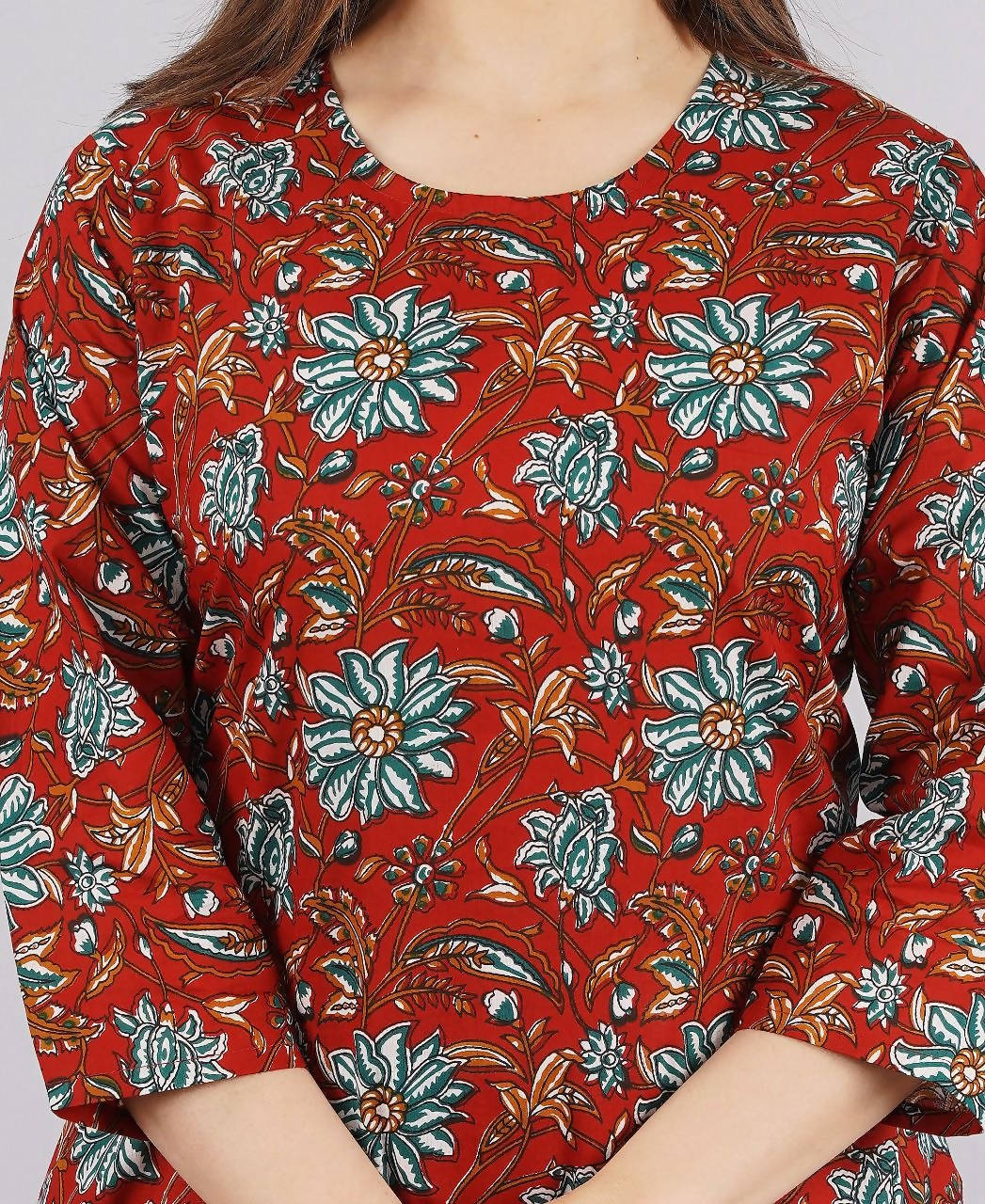 Vamika Printed Cotton Red Party Wear/Casual Wear Kurta Set/Suit