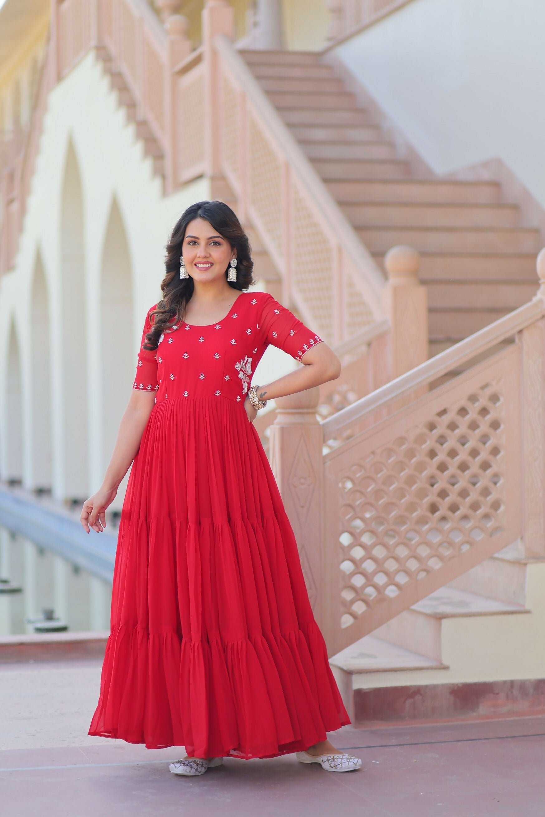 Joban Fashion Red Georgette Sequence Embroidery Work Gown